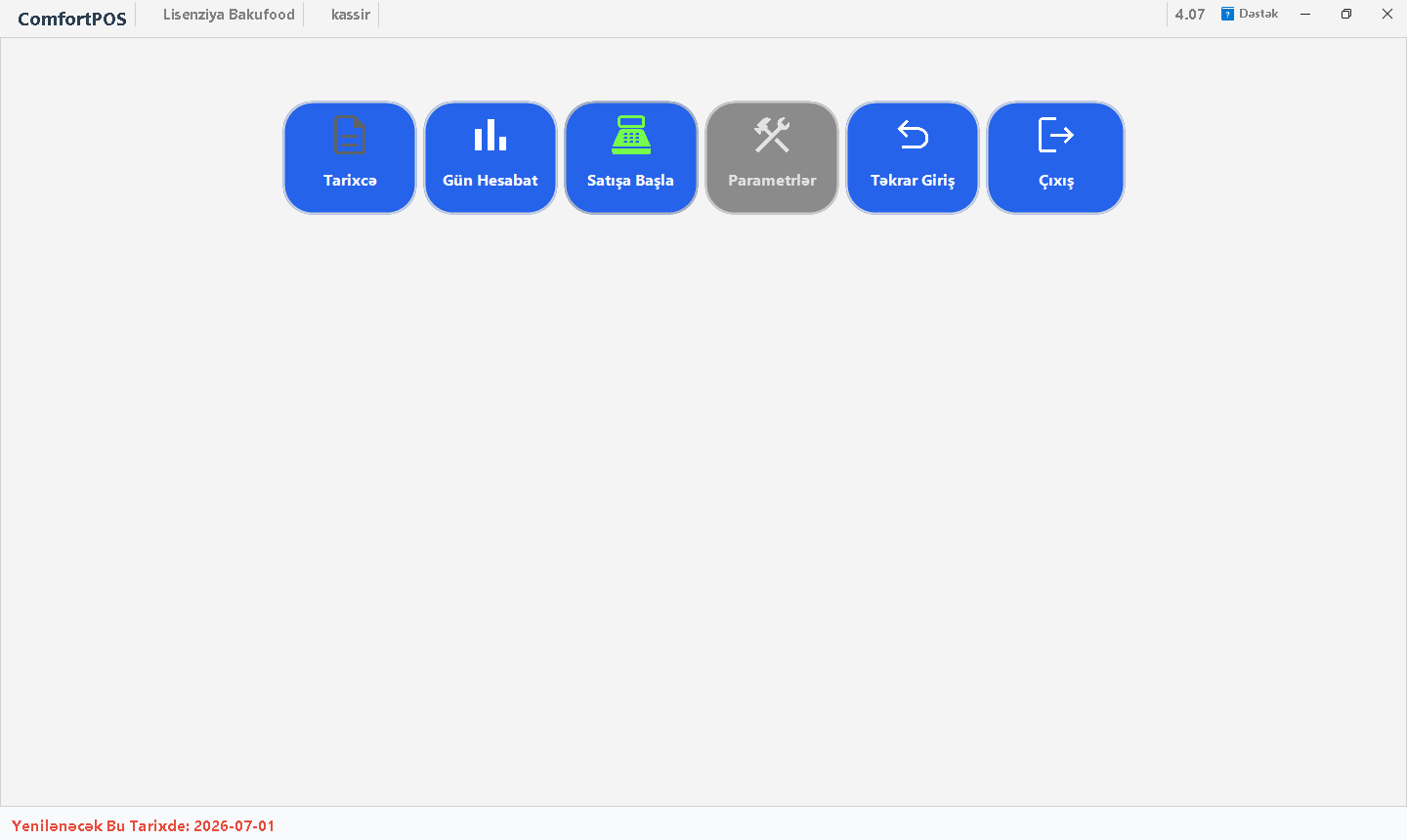 ComfortPOS Biznes ana menyu ekranı