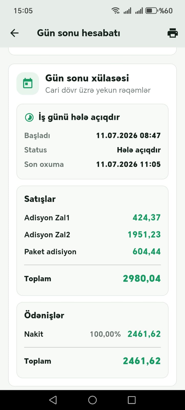 ComfortPOS Restoran gün sonu hesabatı